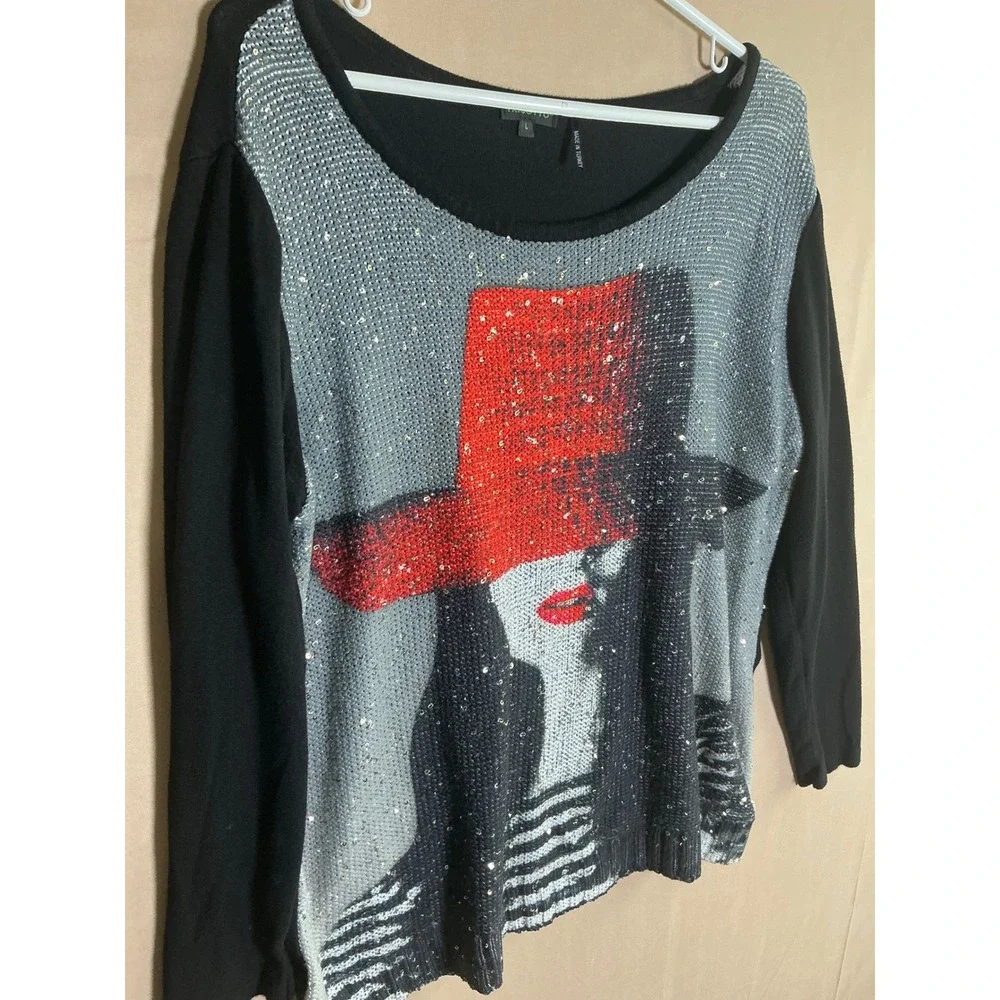 Tricotto Womens Large Black Red Hat Sequin Graphic Long Sleeve Knit Top Turkey - Picture 6 of 11
